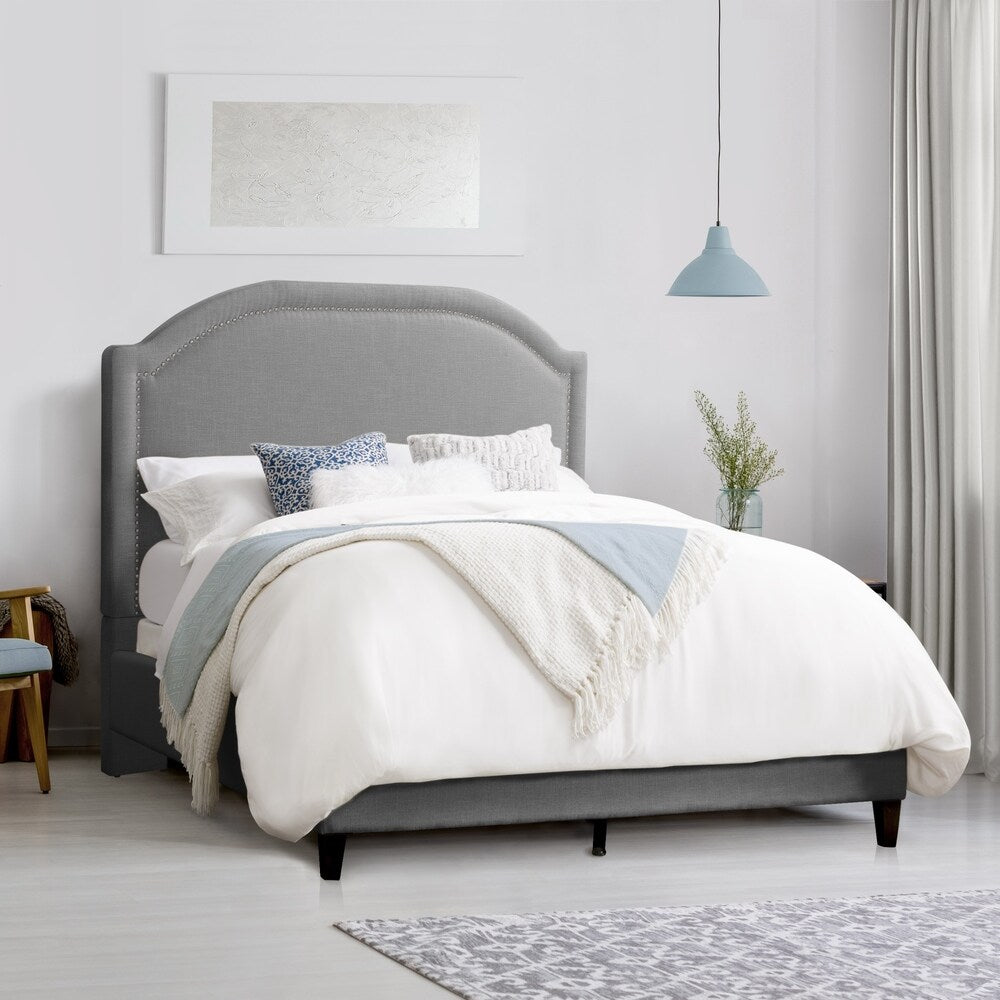 CorLiving Florence Fabric Bed Frame with Arched Headboard and Nailhead Trim Accents