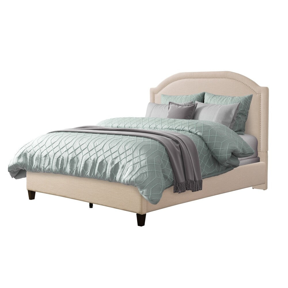 CorLiving Florence Fabric Bed Frame with Arched Headboard and Nailhead Trim Accents