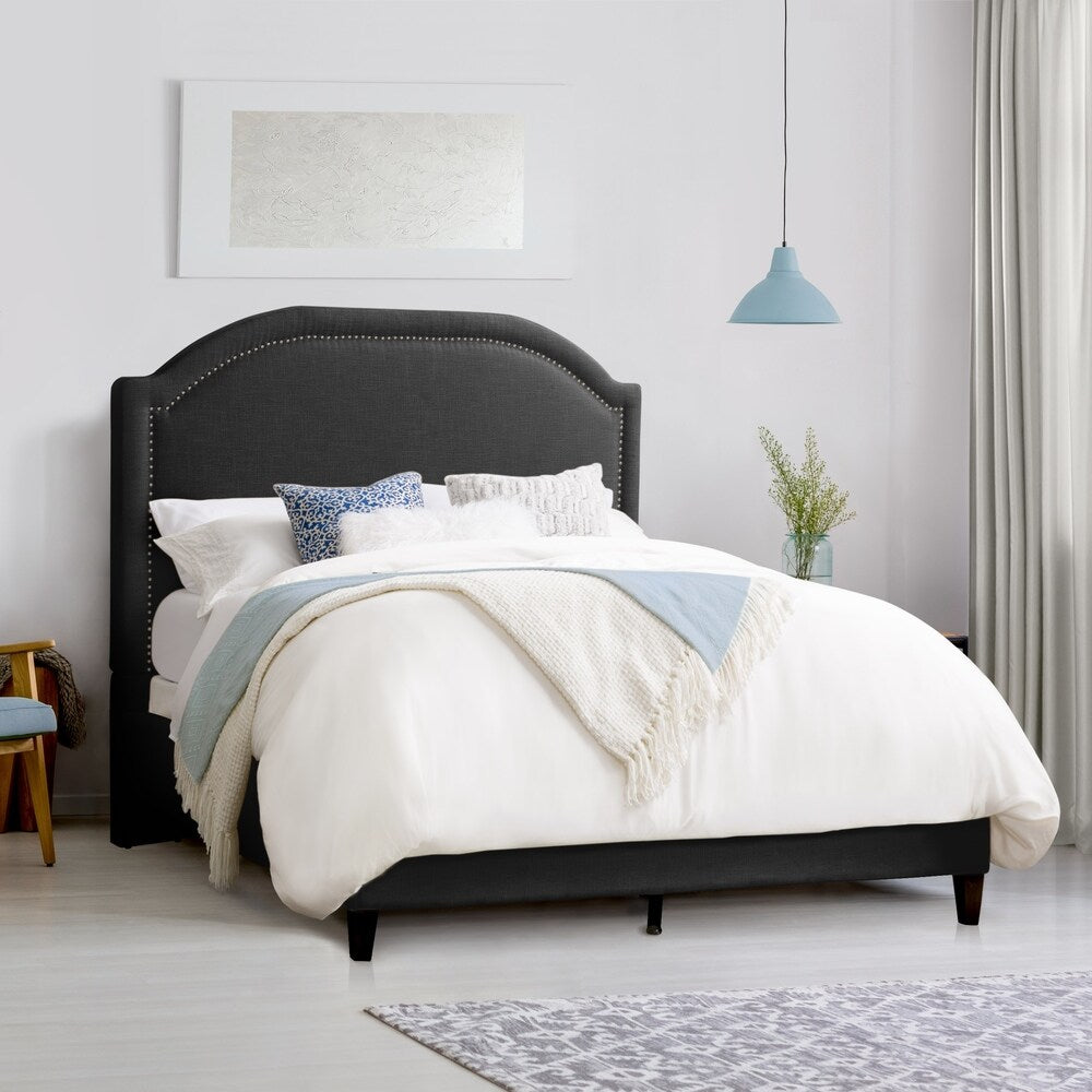 CorLiving Florence Fabric Bed Frame with Arched Headboard and Nailhead Trim Accents