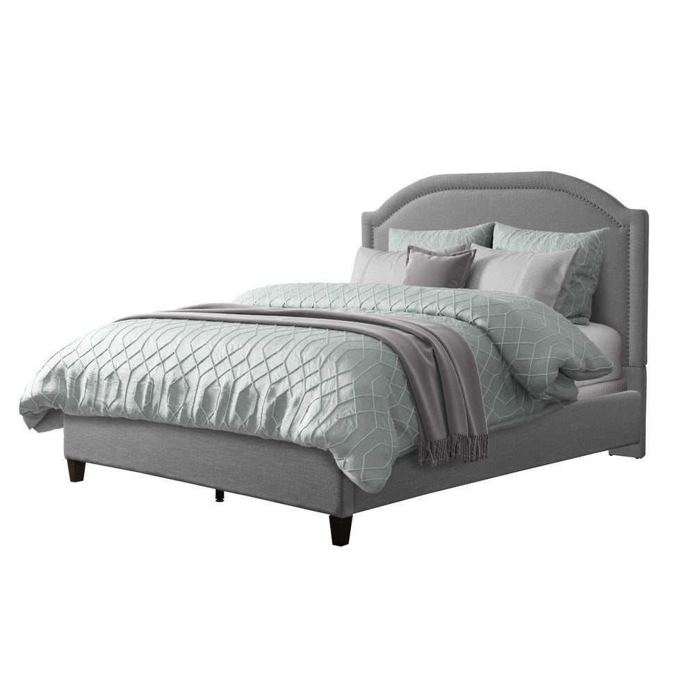 CorLiving Florence Fabric Bed Frame with Arched Headboard and Nailhead Trim Accents