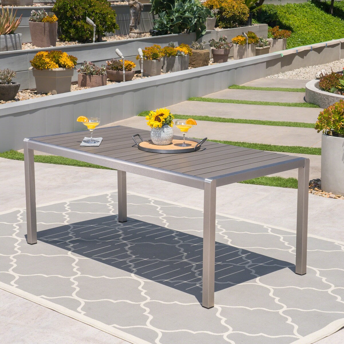 Coral Outdoor Aluminum Dining Table with Faux Wood Top,for Dining Room,Kitchen,Easy Assembly