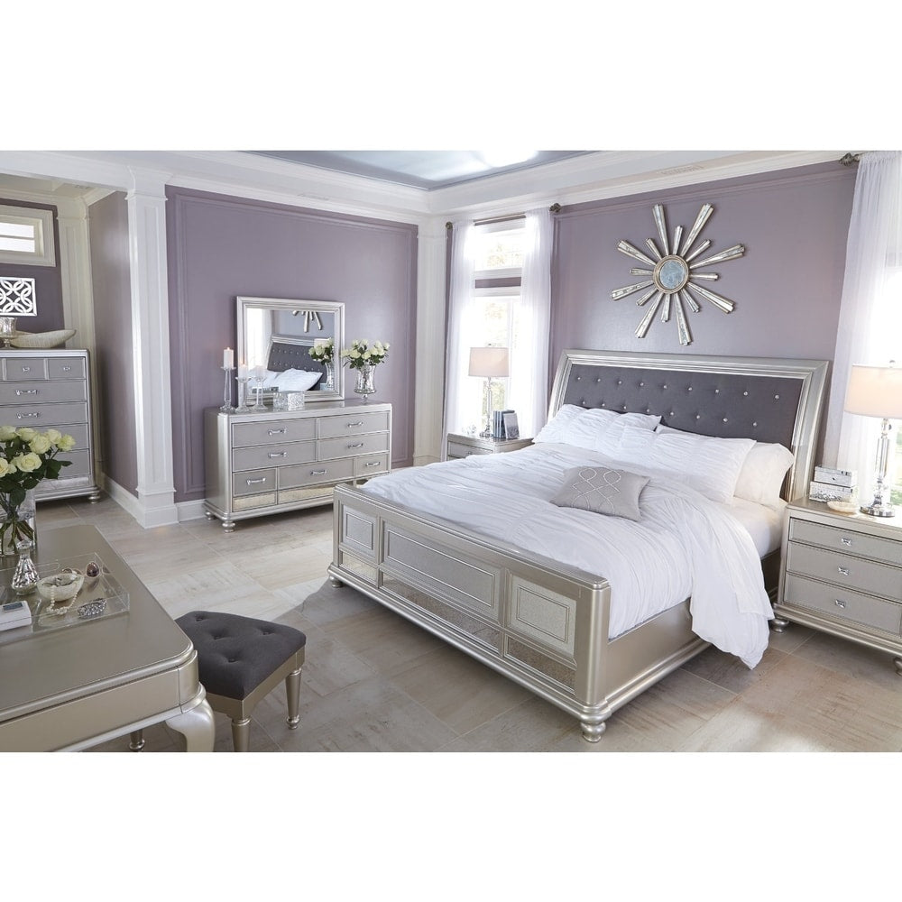 Coralayne Silver Upholstered Sleigh Bed