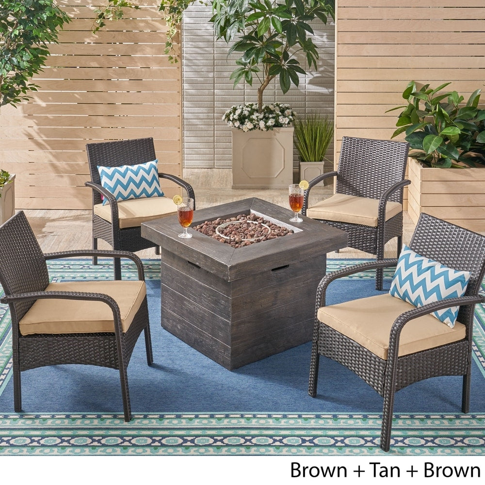 Cordoba Outdoor 4-Seater Fire Pit Set with Wicker Club Chairs by Christopher Knight Home