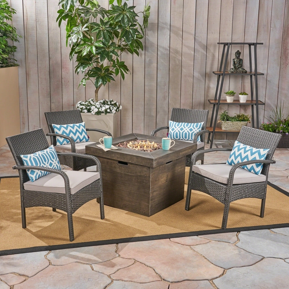 Cordoba Outdoor 4-Seater Fire Pit Set with Wicker Club Chairs by Christopher Knight Home