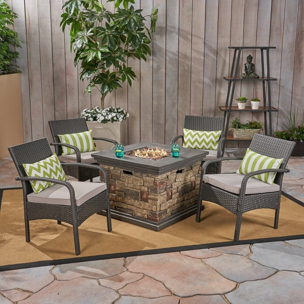 Cordoba Outdoor 4-seater Fire Pit Set with Wicker Club Chairs by Christopher Knight Home