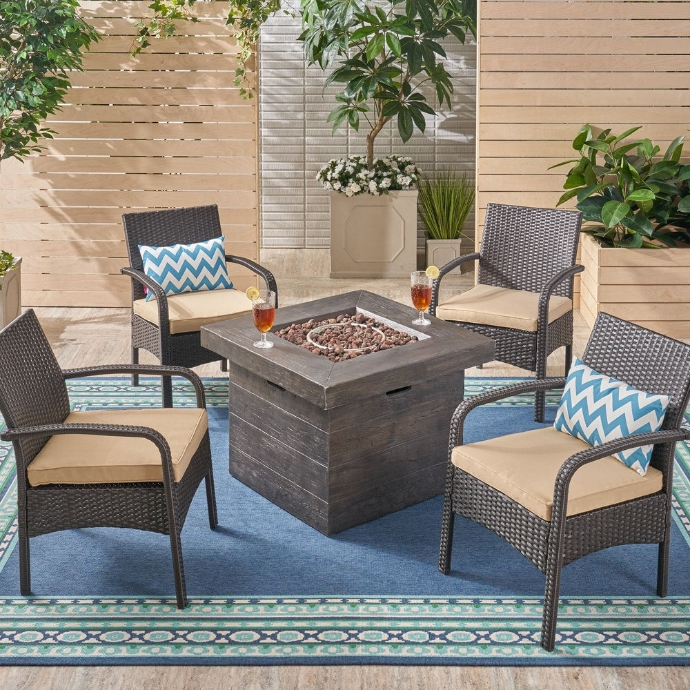 Cordoba Outdoor 4-Seater Fire Pit Set with Wicker Club Chairs by Christopher Knight Home