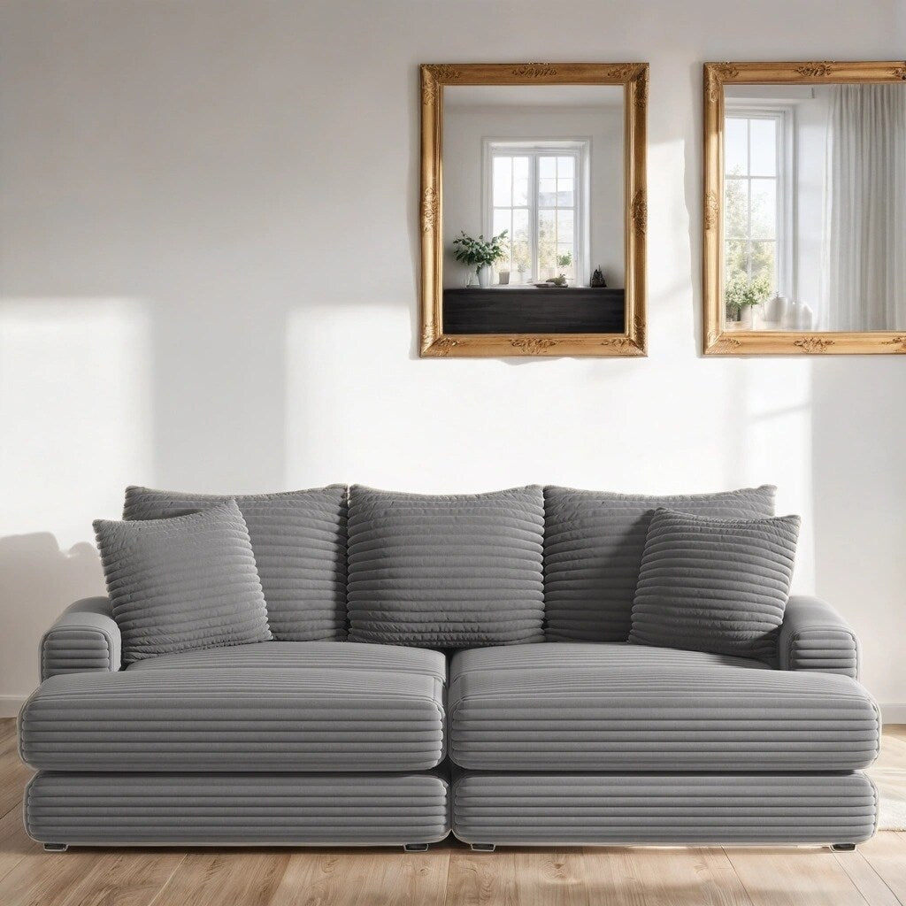 Corduroy 3-Seater Sofa With 3 Back Pillows 2 Toss Pillows and 2 Ottoman Comfy Sofa Deep Seat Couch, Beige