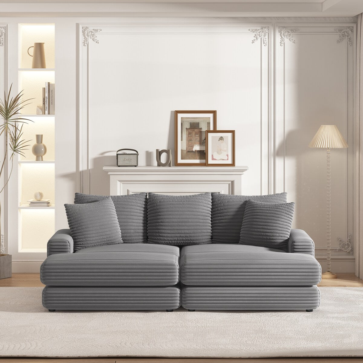 Corduroy 3-Seater Sofa With 3 Back Pillows 2 Toss Pillows and 2 Ottoman Comfy Sofa Deep Seat Couch, Beige