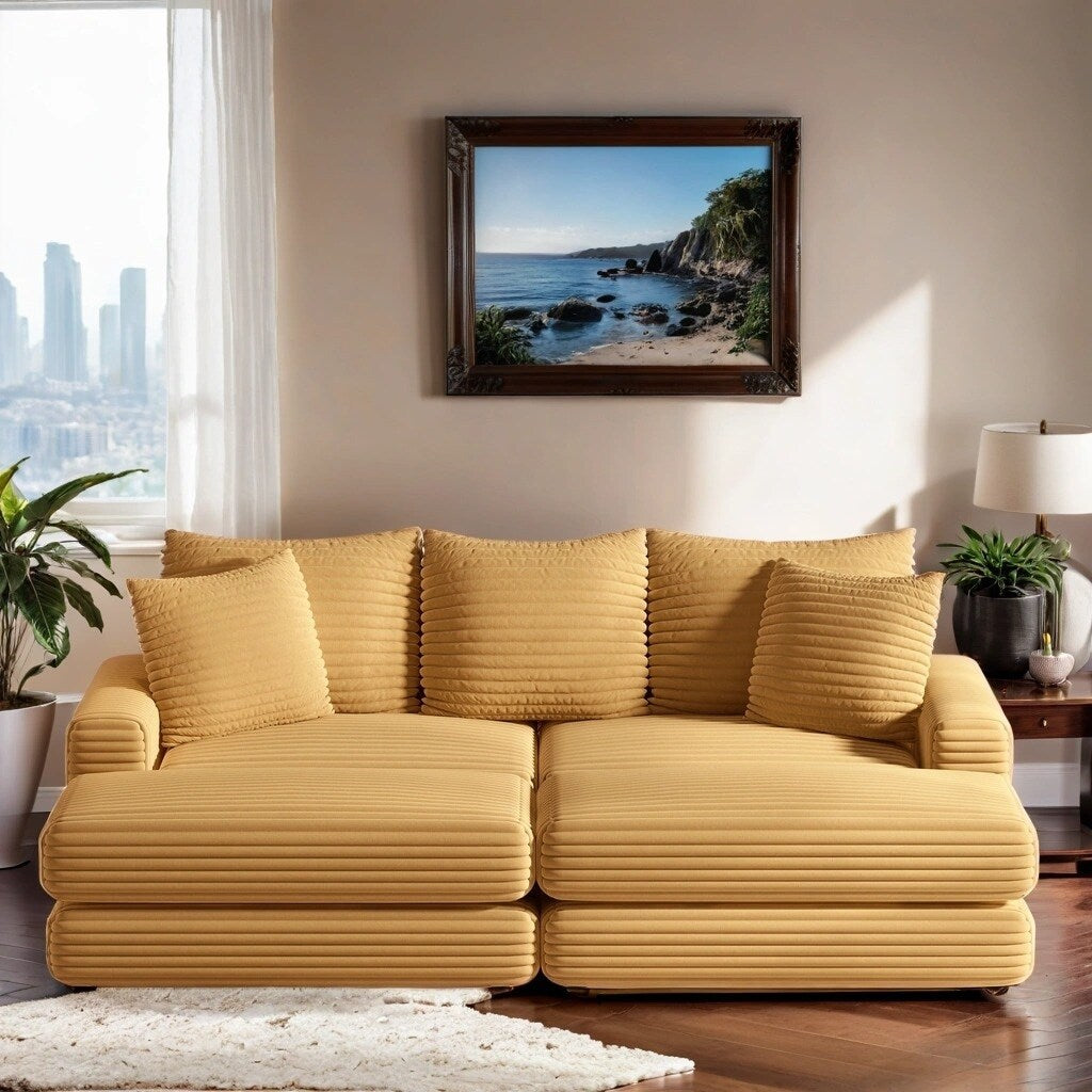 Corduroy 3-Seater Sofa With 3 Back Pillows 2 Toss Pillows and 2 Ottoman Comfy Sofa Deep Seat Couch, Beige