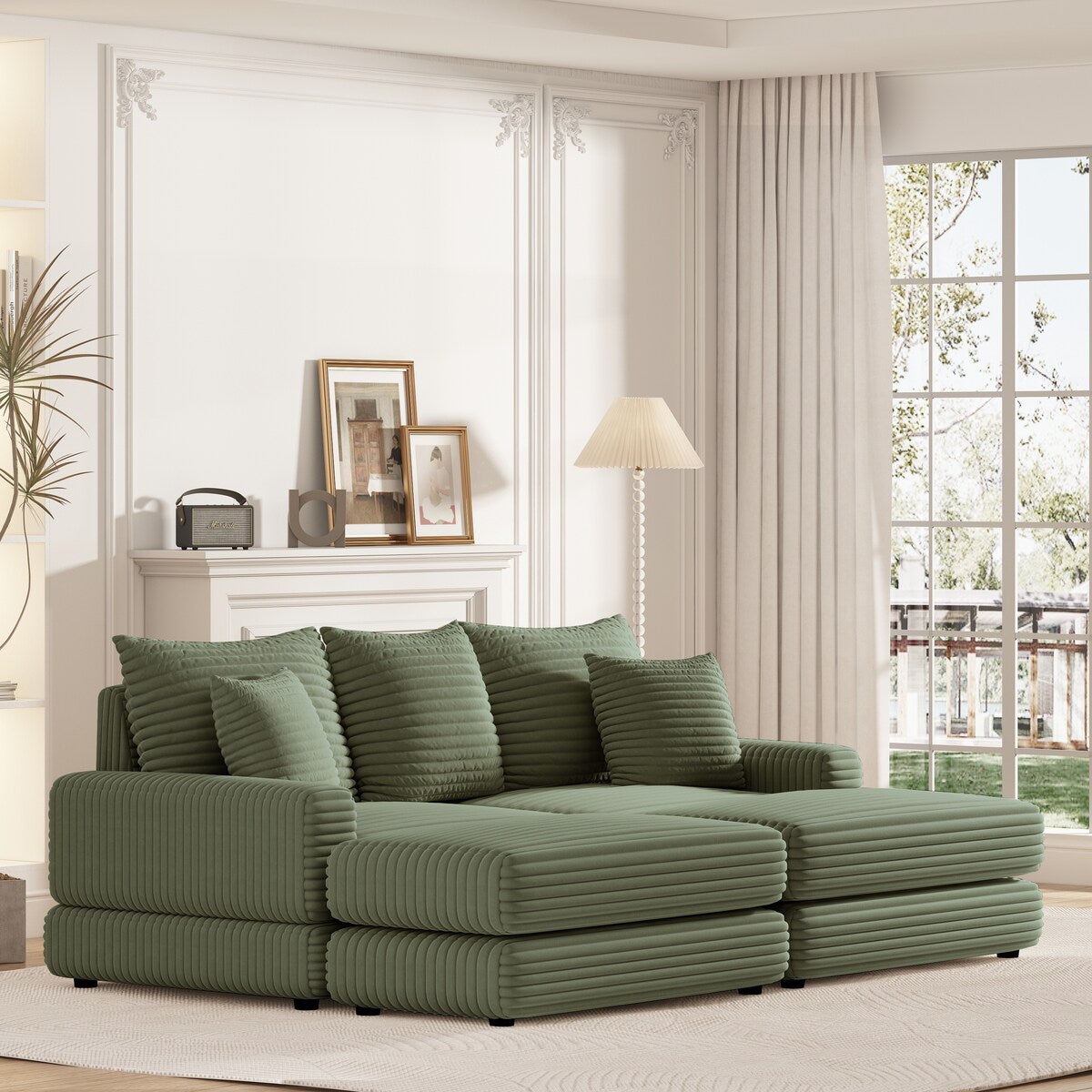 Corduroy 3-Seater Sofa With 3 Back Pillows 2 Toss Pillows and 2 Ottoman Comfy Sofa Deep Seat Couch, Beige