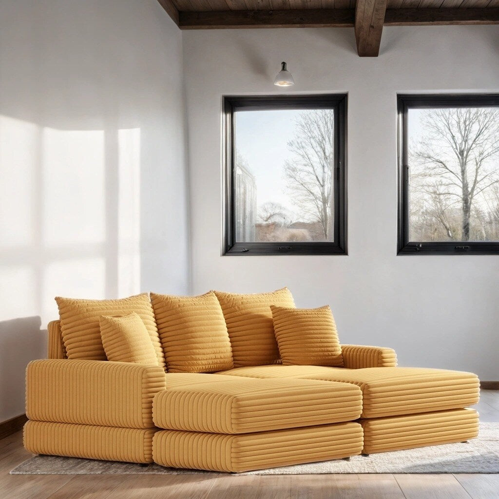 Corduroy 3-Seater Sofa With 3 Back Pillows 2 Toss Pillows and 2 Ottoman Comfy Sofa Deep Seat Couch, Beige