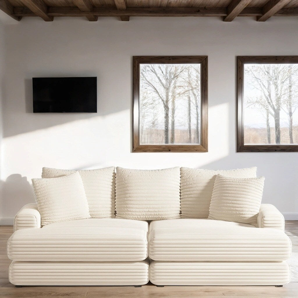 Corduroy 3-Seater Sofa With 3 Back Pillows 2 Toss Pillows and 2 Ottoman Comfy Sofa Deep Seat Couch, Beige