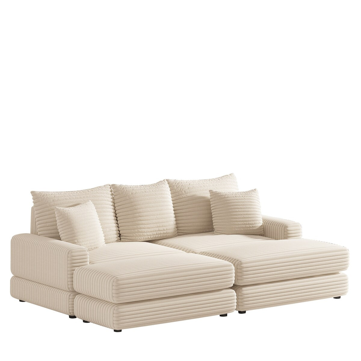 Corduroy 3-Seater Sofa With 3 Back Pillows 2 Toss Pillows and 2 Ottoman Comfy Sofa Deep Seat Couch, Beige