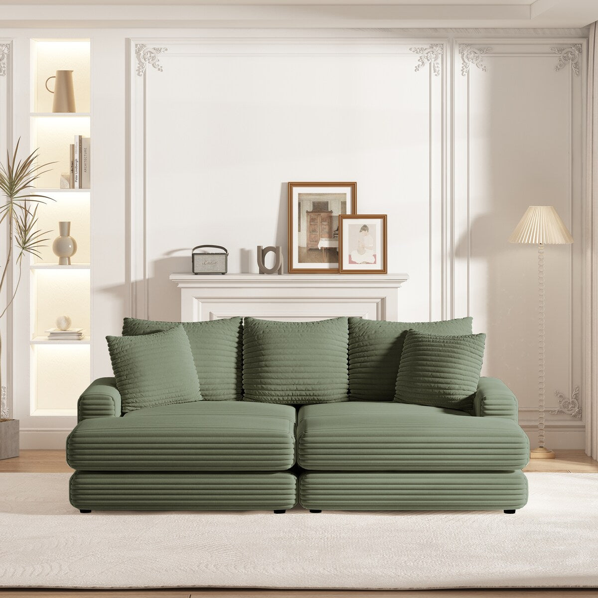 Corduroy 3-Seater Sofa With 3 Back Pillows 2 Toss Pillows and 2 Ottoman Comfy Sofa Deep Seat Couch, Beige