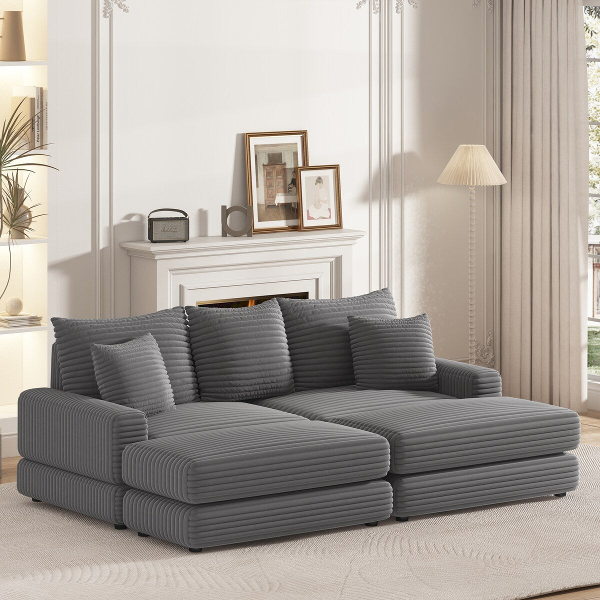 Corduroy 3-Seater Sofa With 3 Back Pillows 2 Toss Pillows and 2 Ottoman Comfy Sofa Deep Seat Couch, Beige