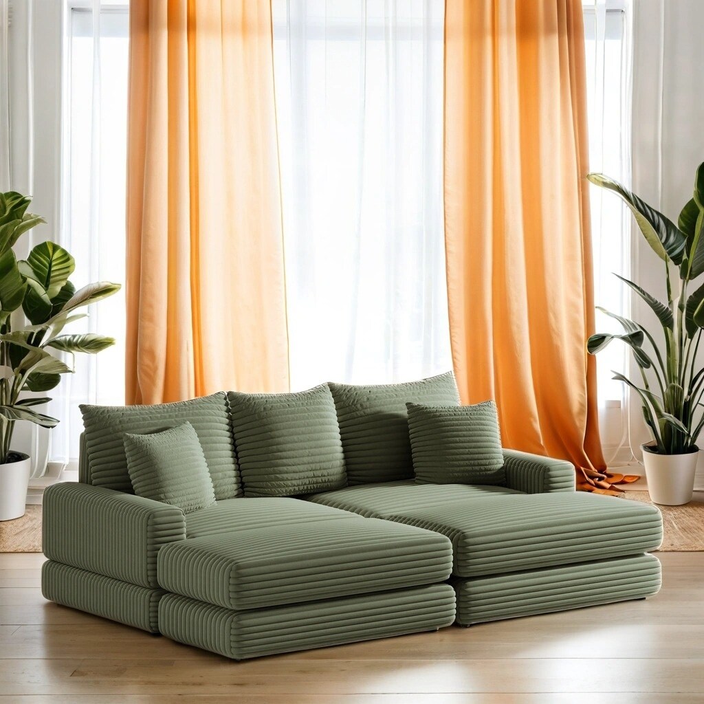 Corduroy 3-Seater Sofa With 3 Back Pillows 2 Toss Pillows and 2 Ottoman Comfy Sofa Deep Seat Couch, Beige