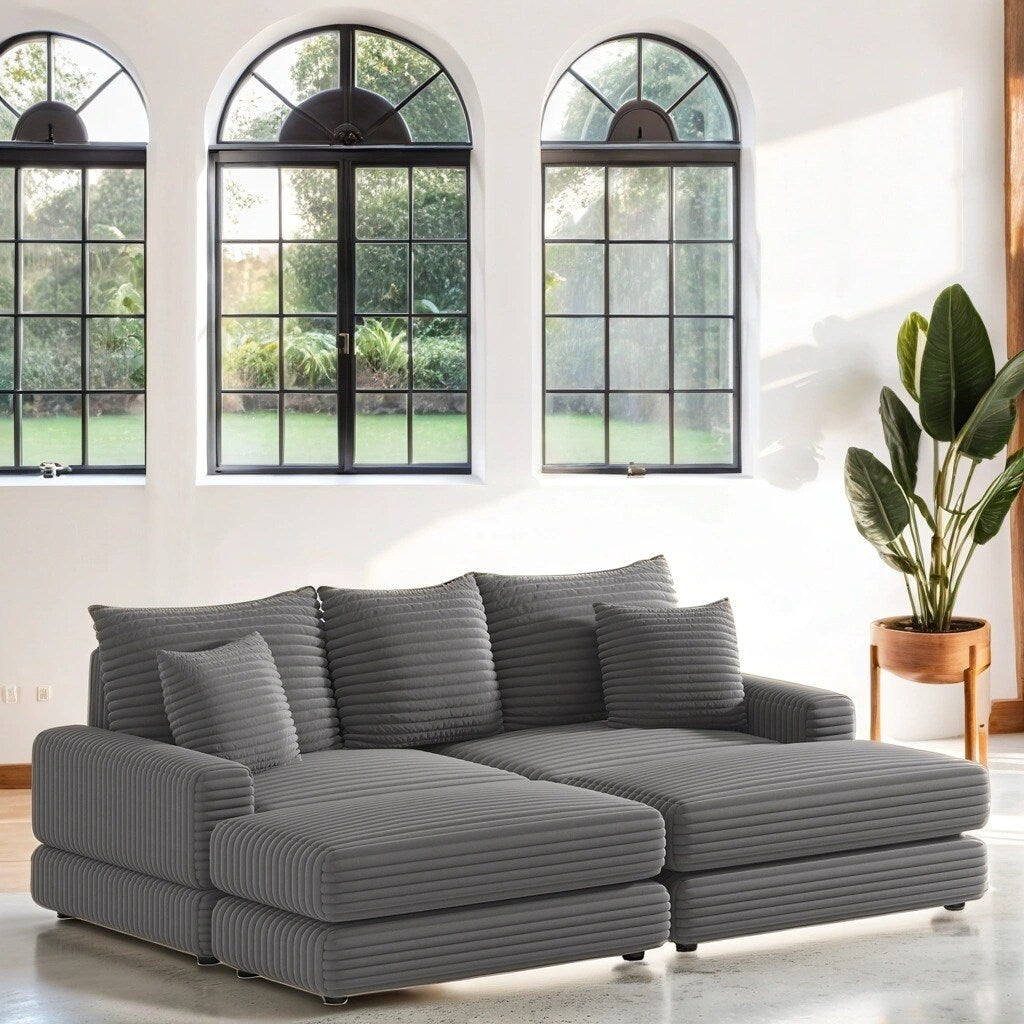 Corduroy 3-Seater Sofa With 3 Back Pillows 2 Toss Pillows and 2 Ottoman Comfy Sofa Deep Seat Couch, Beige