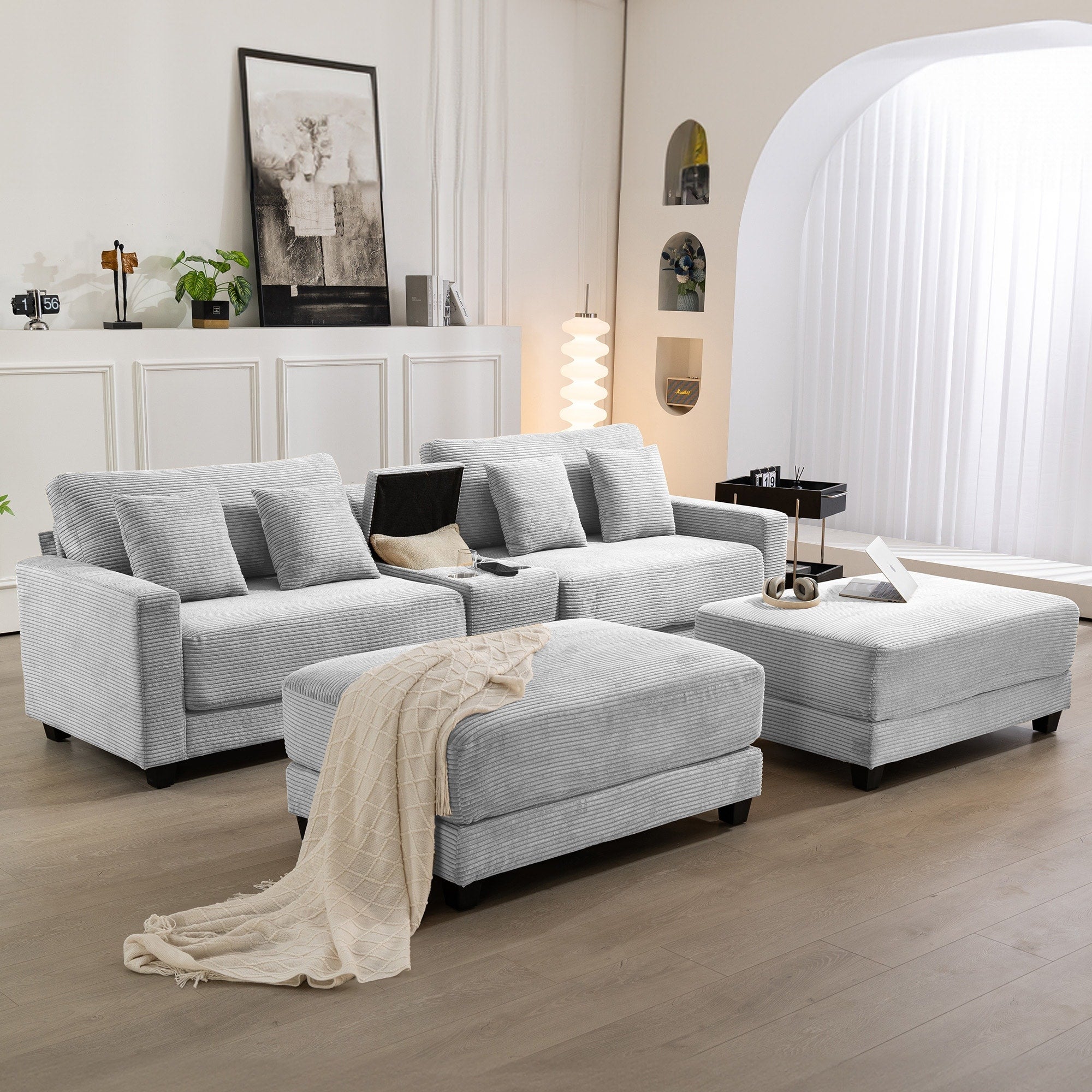 Oversized Corduroy Upholstered Sofa with Removable Ottomans