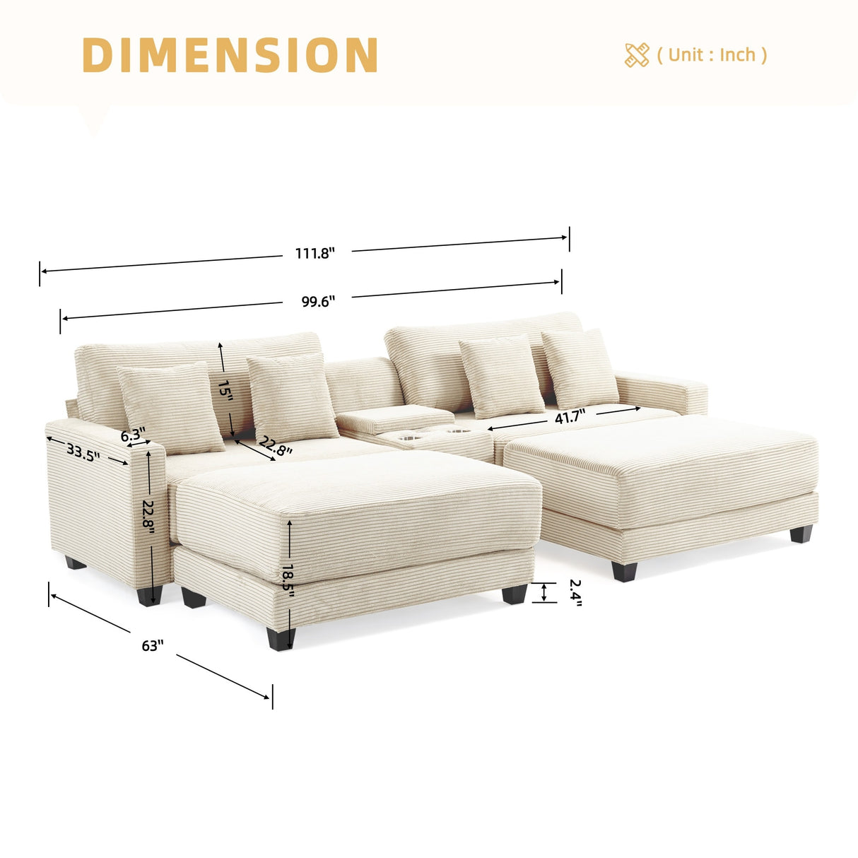 Oversized Corduroy Upholstered Sofa with 2 Removable Ottomans, 4 Pillows, USB & Type C Charging Ports,and 2 Cup Holders
