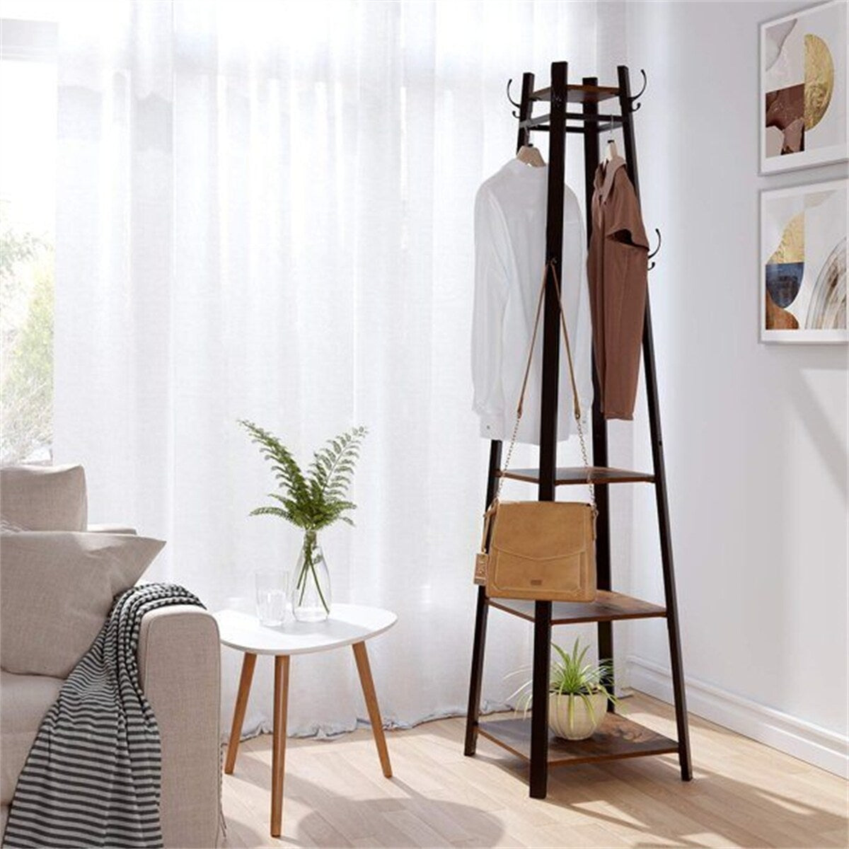 Corner 4 Tiers 8 Hooks Freestanding Coat Rack