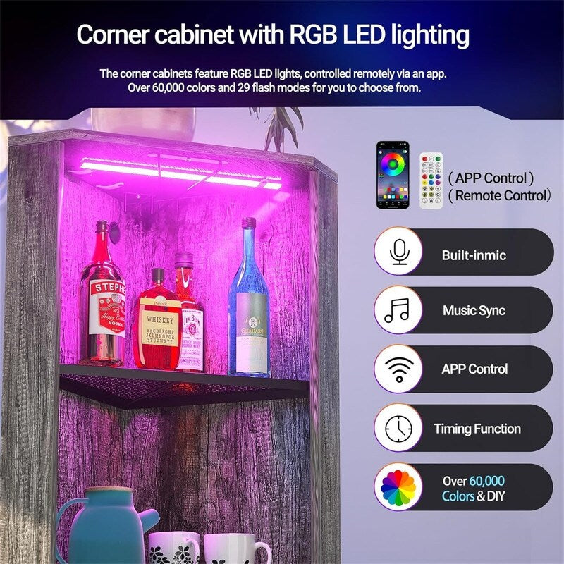 Corner Bar Cabinet with LED Light and Power Outlet