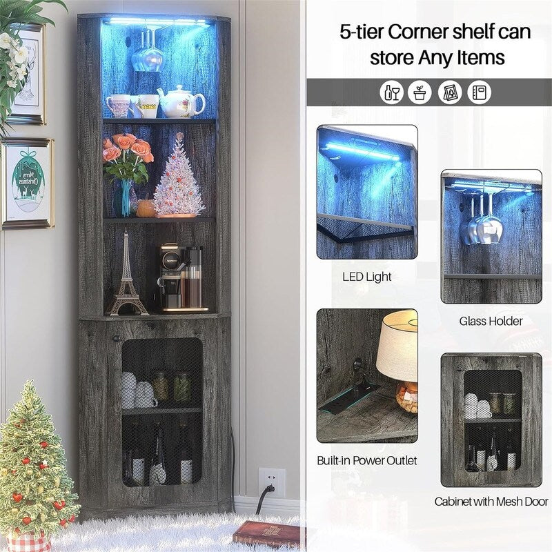Corner Bar Cabinet with LED Light and Power Outlet