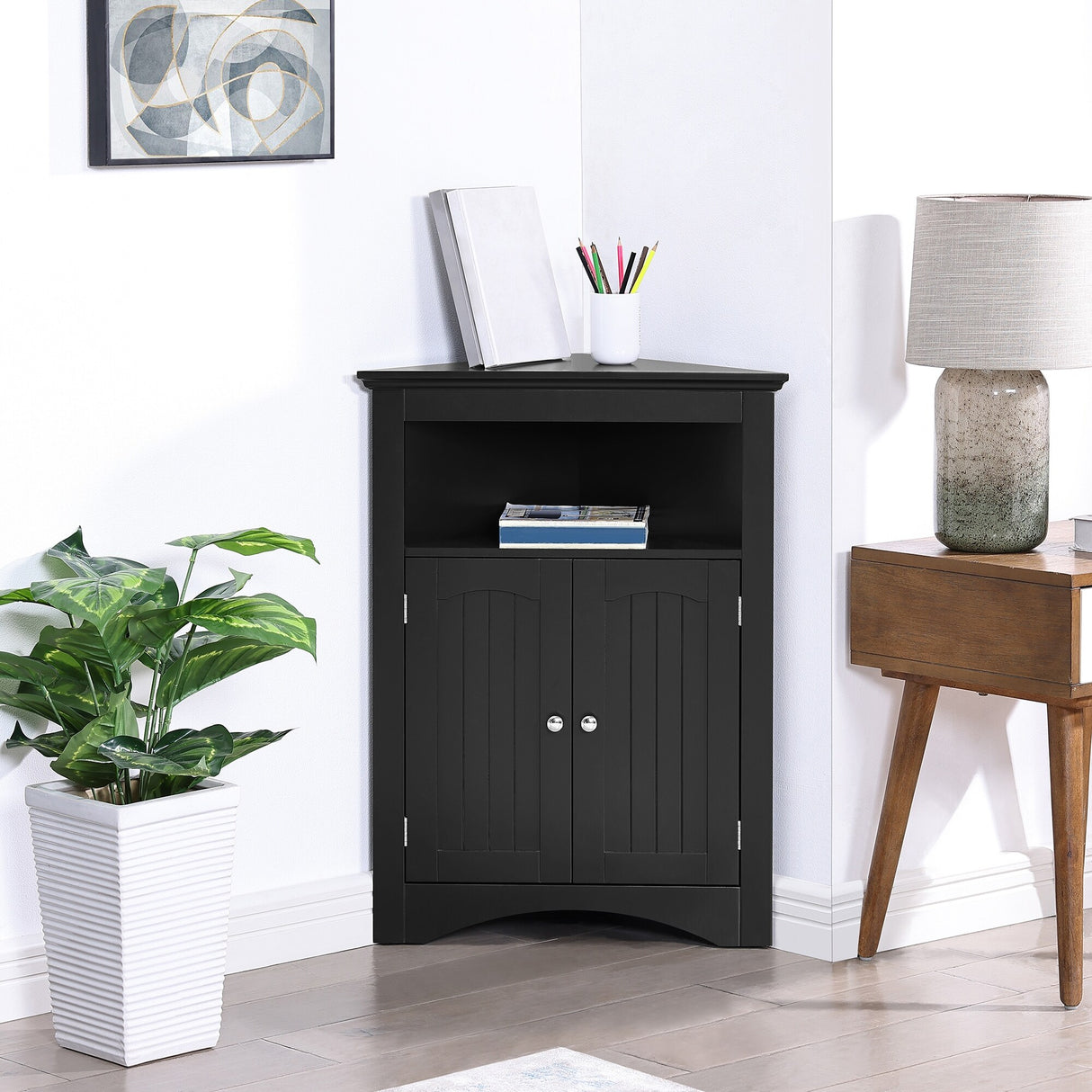 Corner Cabinet Table with Doors and Shelves