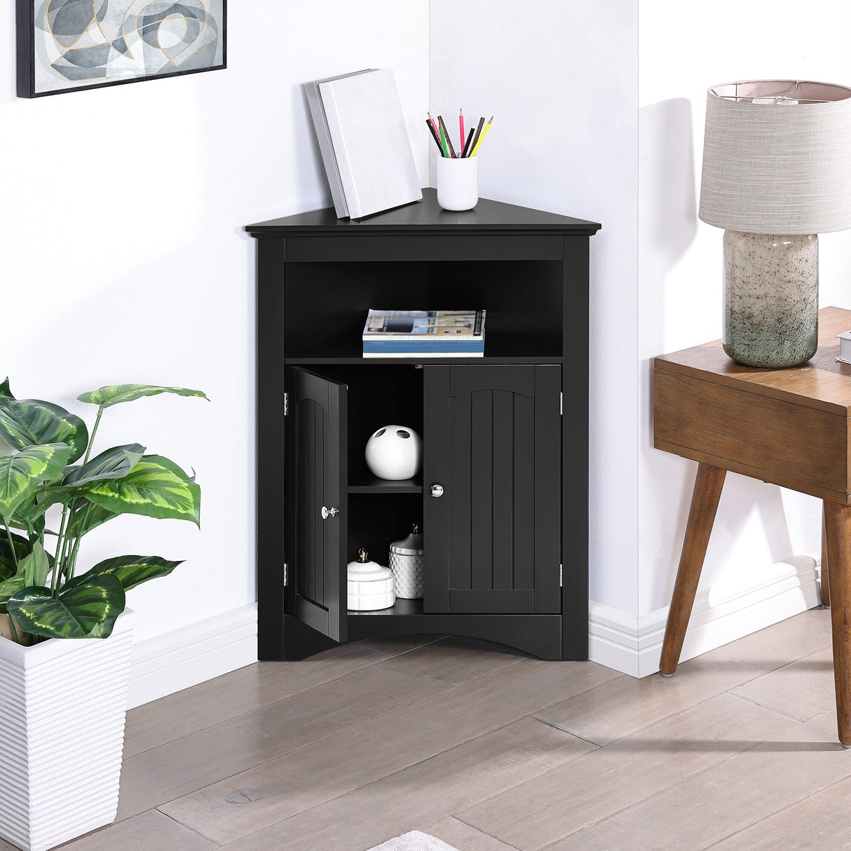 Corner Cabinet Table with Doors and Shelves