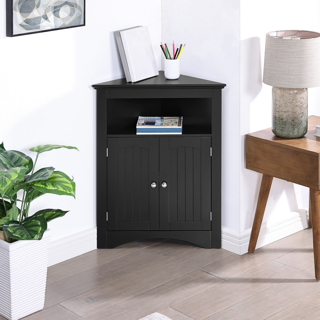 Corner Cabinet Table with Doors and Shelves