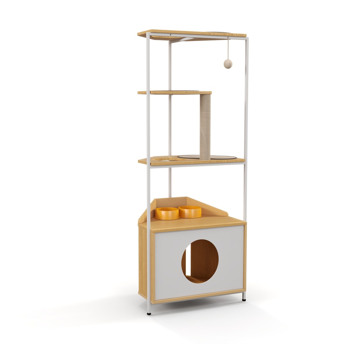 Corner Cat Tower,Cat Tree，Scratching Post,Cat Condo with Feeding Station and Climbing Platforms,Pet Furniture for Indoor Cats