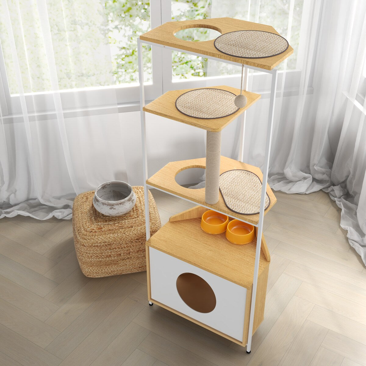 Corner Cat Tower,Cat Tree，Scratching Post,Cat Condo with Feeding Station and Climbing Platforms,Pet Furniture for Indoor Cats