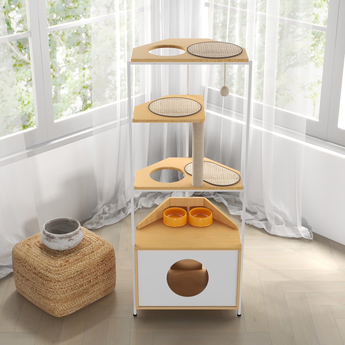 Corner Cat Tower,Cat Tree，Scratching Post,Cat Condo with Feeding Station and Climbing Platforms,Pet Furniture for Indoor Cats
