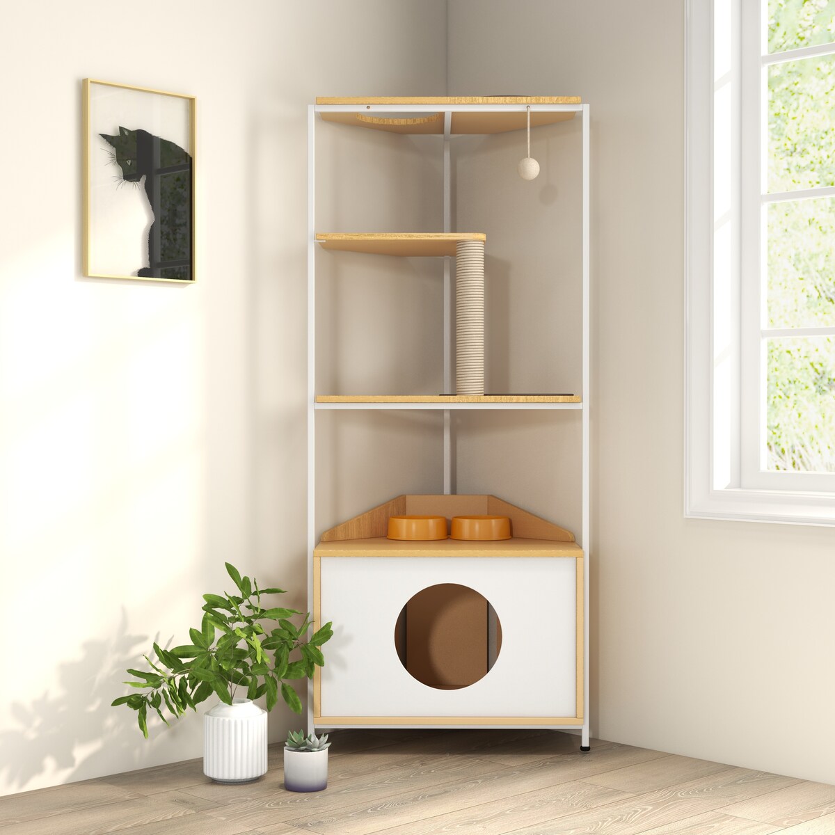 Corner Cat Tower,Cat Tree，Scratching Post,Cat Condo with Feeding Station and Climbing Platforms,Pet Furniture for Indoor Cats