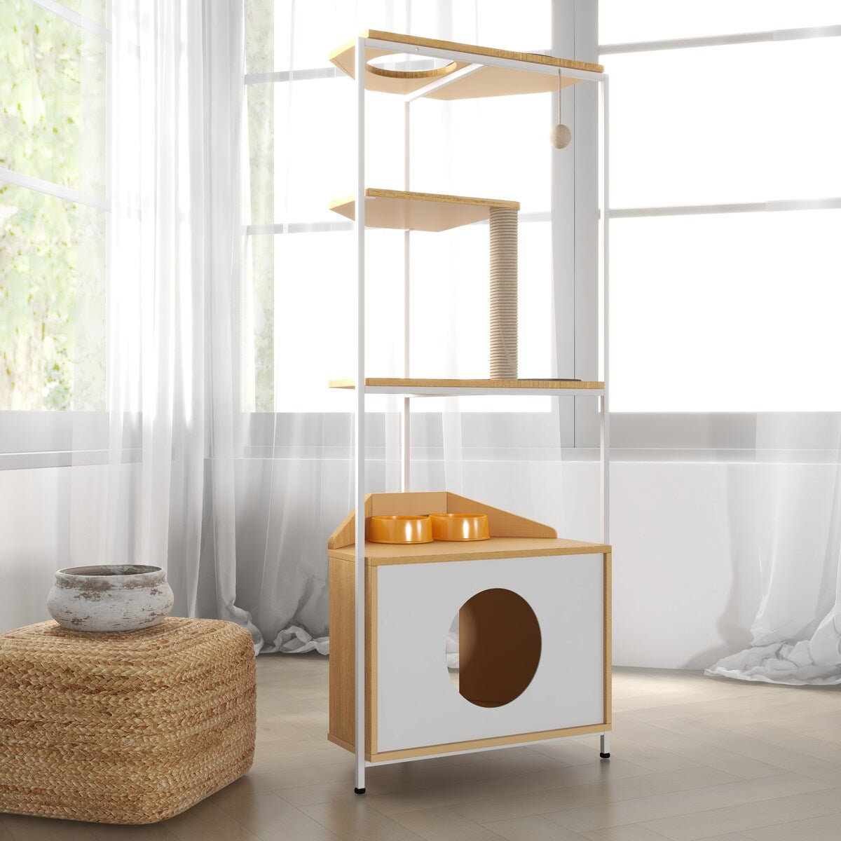 Corner Cat Tower,Cat Tree，Scratching Post,Cat Condo with Feeding Station and Climbing Platforms,Pet Furniture for Indoor Cats
