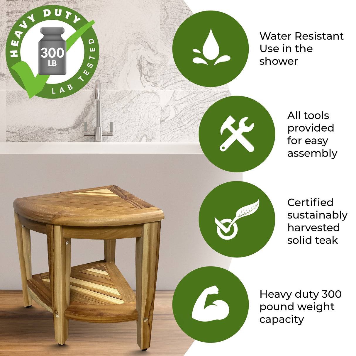 EcoDecors, Snazzy Corner, Teak Shower Bench, Teak Shower Stool, Corner Shower Stool, Teak Corner Shower Bench, With Shelf
