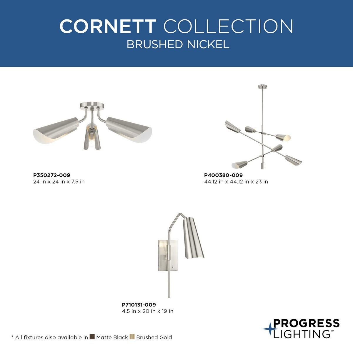 Cornett Collection 44.12 in. Three-Light Brushed Nickel Contemporary Flush Mount Light - 24 in x 24 in x 7.5 in