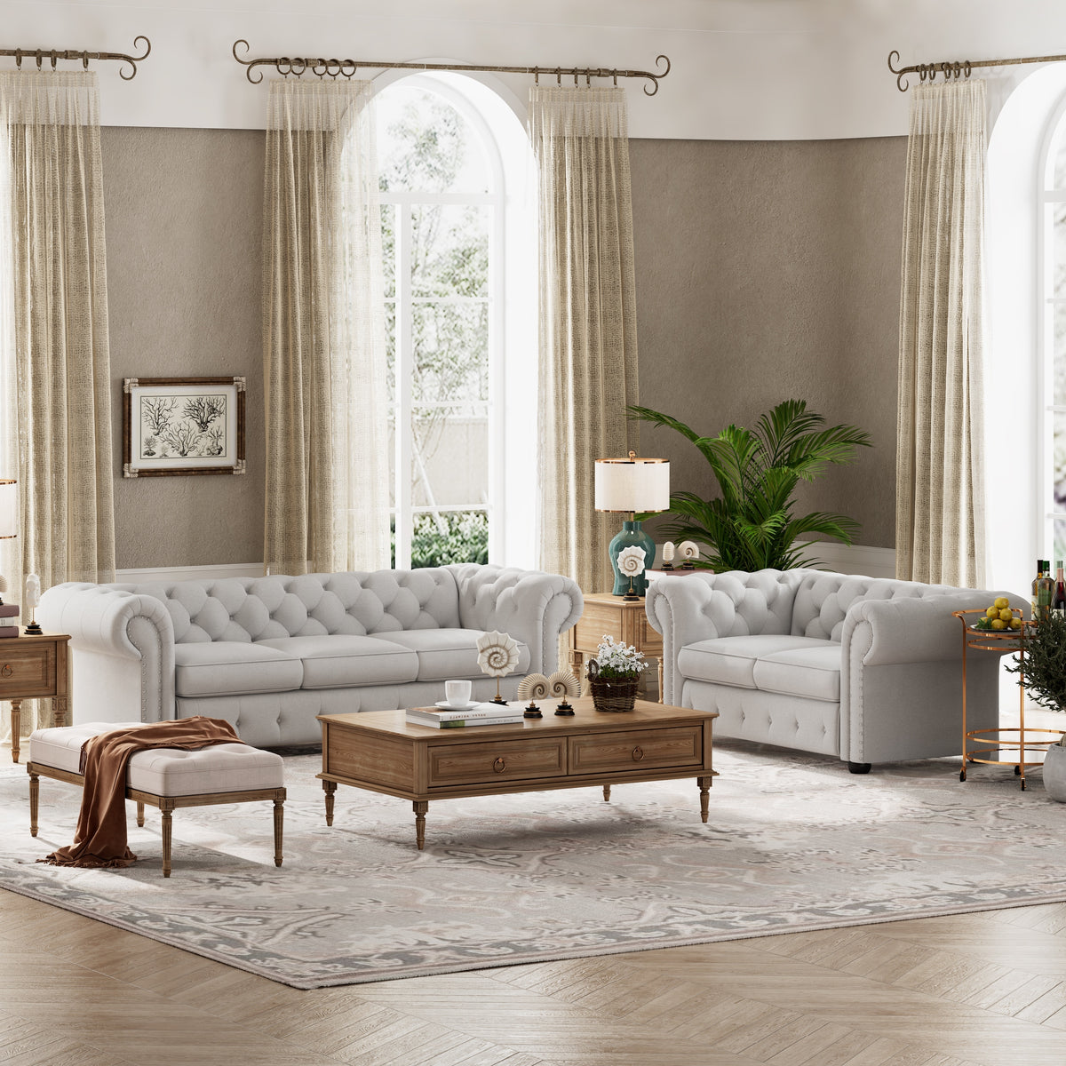 Corvus Aleksis 2-piece Tufted Rolled Arm Chesterfield Sofa and Lovesea