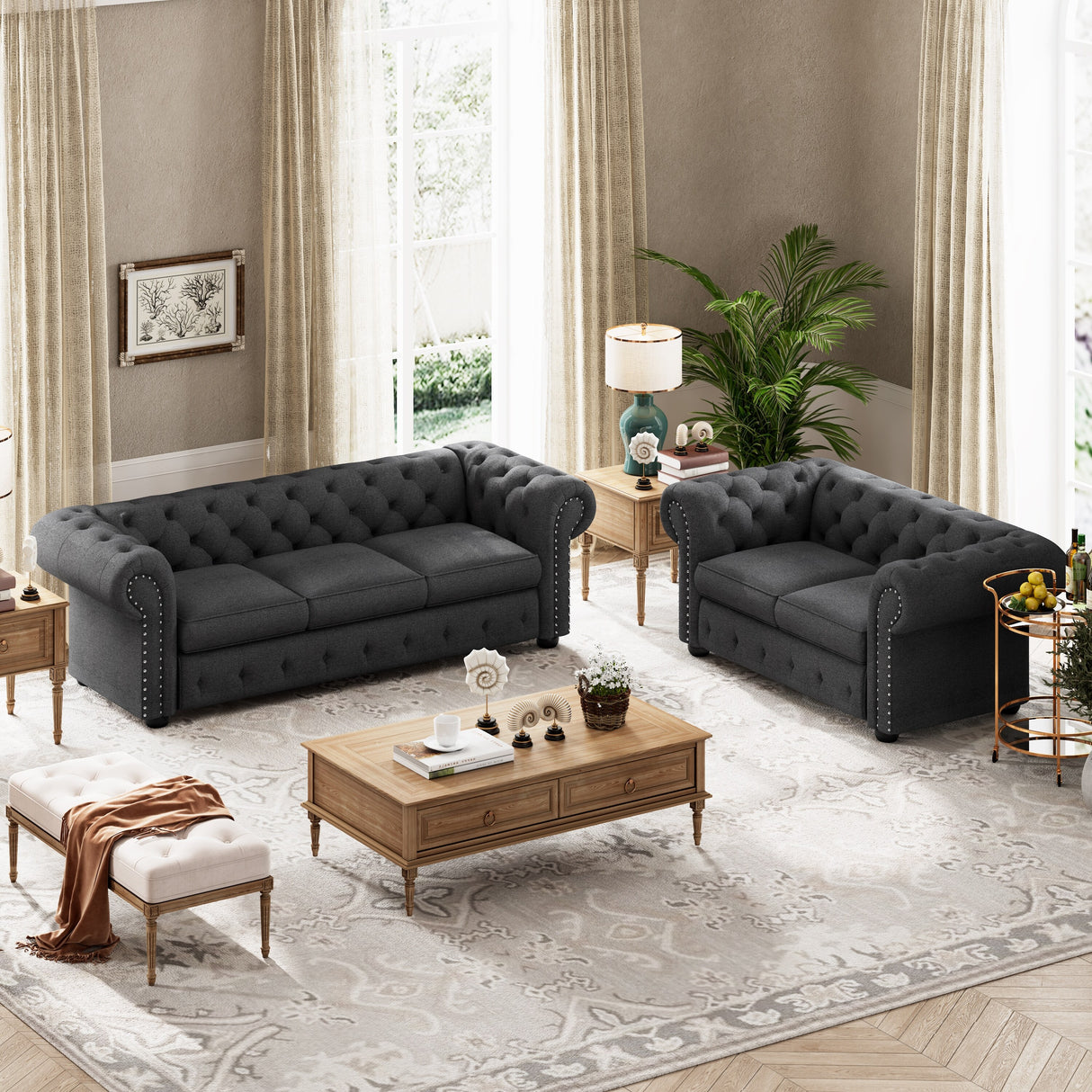 Corvus Aleksis 2-piece Tufted Rolled Arm Chesterfield Sofa and Loveseat Set