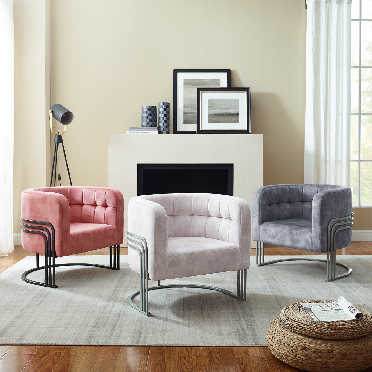 Corvus Hernals Velvet Tufted Curved Back Barrel Accent Chair