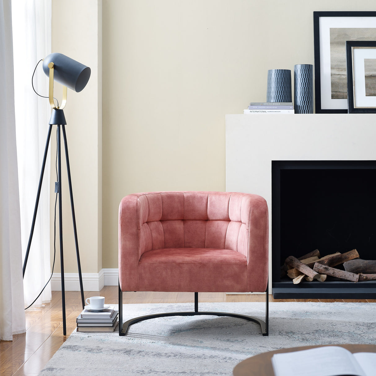 Corvus Hernals Velvet Tufted Curved Back Barrel Accent Chair