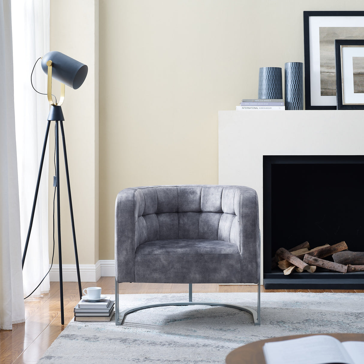 Corvus Hernals Velvet Tufted Curved Back Barrel Accent Chair