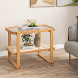 Costway Bamboo Side Table with Rattan Shelf Glass Top Nightstand Small