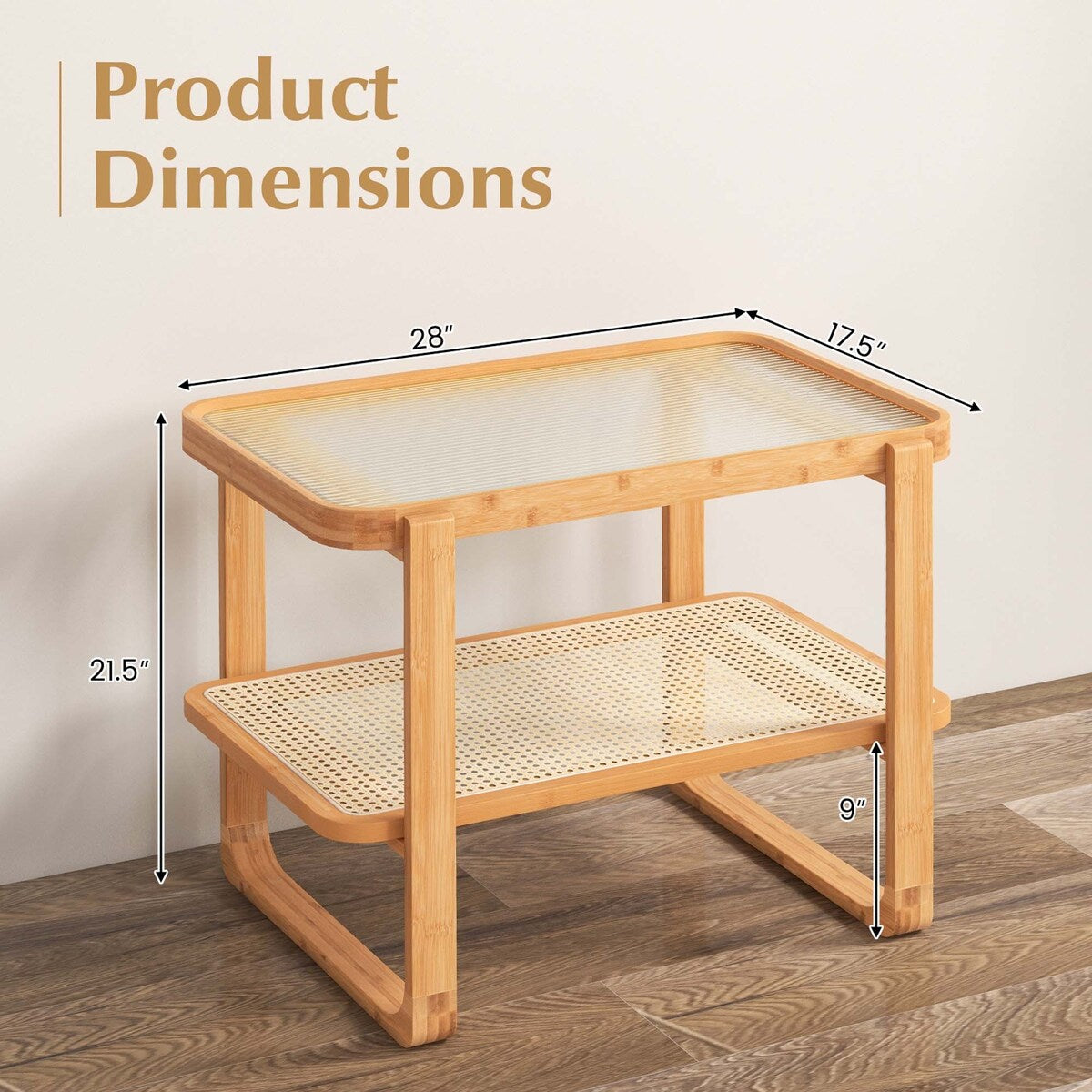 Costway Bamboo Side Table with Rattan Shelf Glass Top Nightstand Small