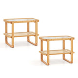 Costway Bamboo Side Table with Rattan Shelf Glass Top Nightstand Small