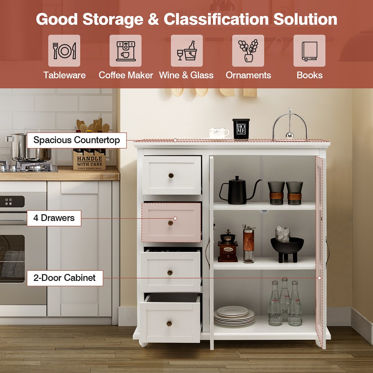 Costway Buffet Sideboard Table Kitchen Storage Cabinet w/ Drawers &