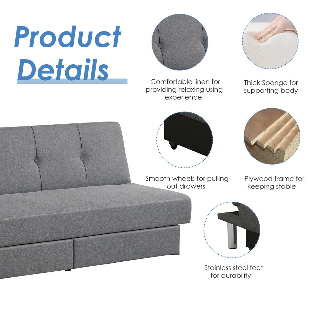 Costway Convertible Futon Sofa Bed Adjustable Couch Sleeper w/ Two - See Details