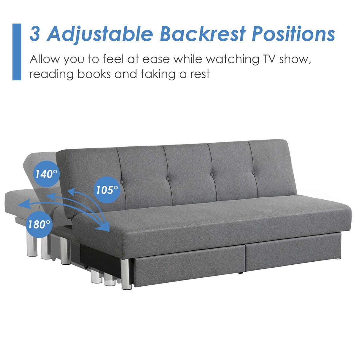 Costway Convertible Futon Sofa Bed Adjustable Couch Sleeper w/ Two - See Details