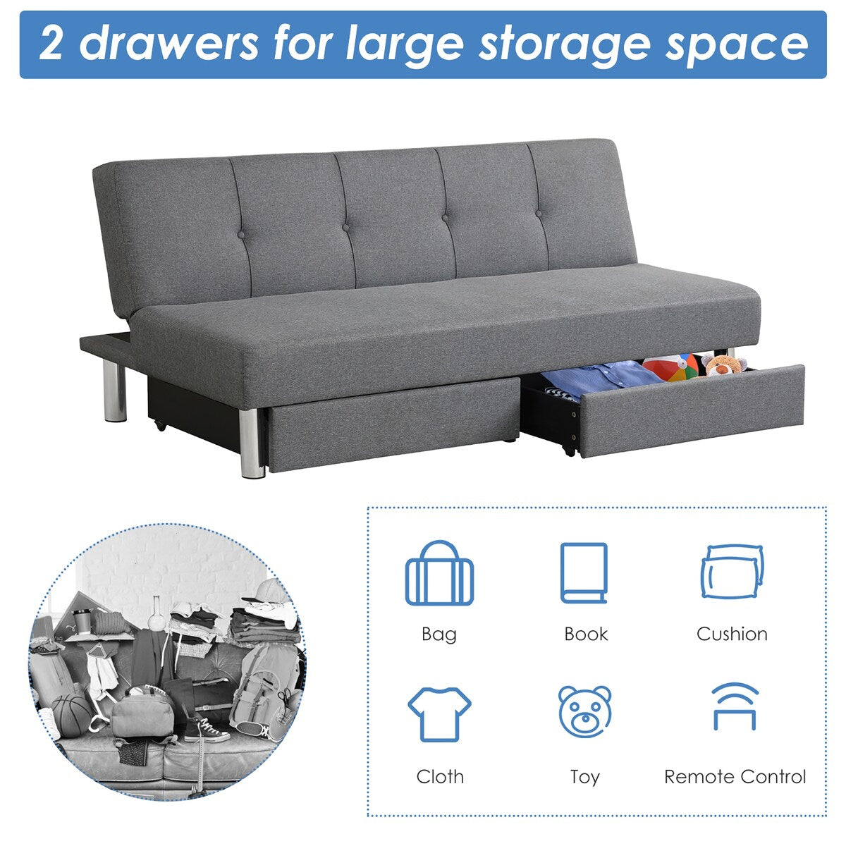 Costway Convertible Futon Sofa Bed Adjustable Couch Sleeper w/ Two - See Details