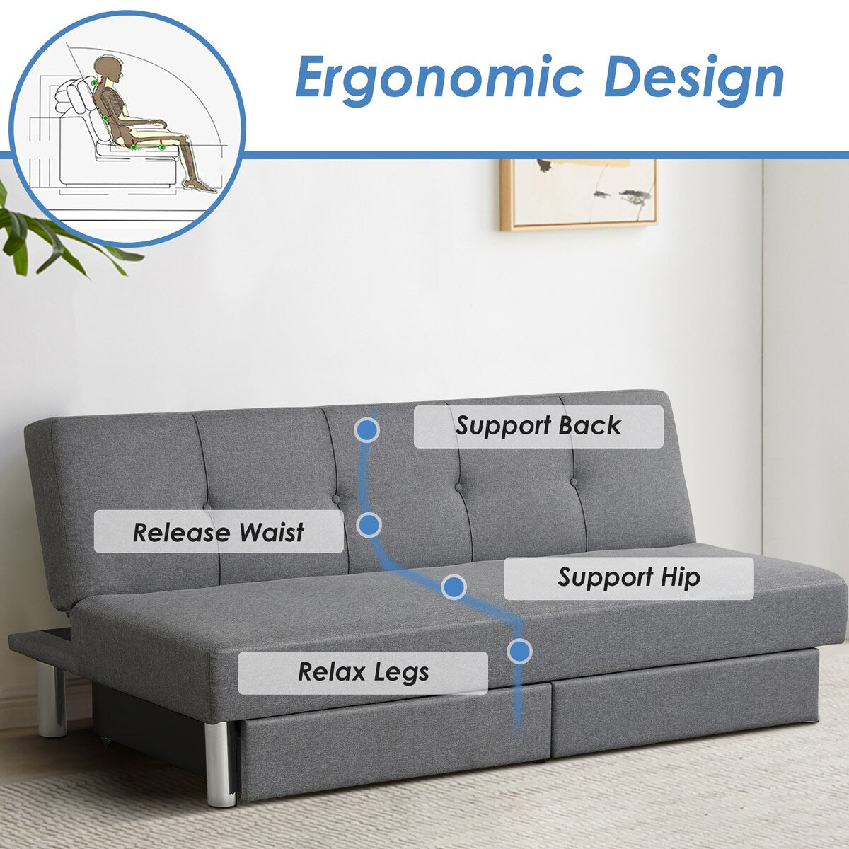 Costway Convertible Futon Sofa Bed Adjustable Couch Sleeper w/ Two - See Details