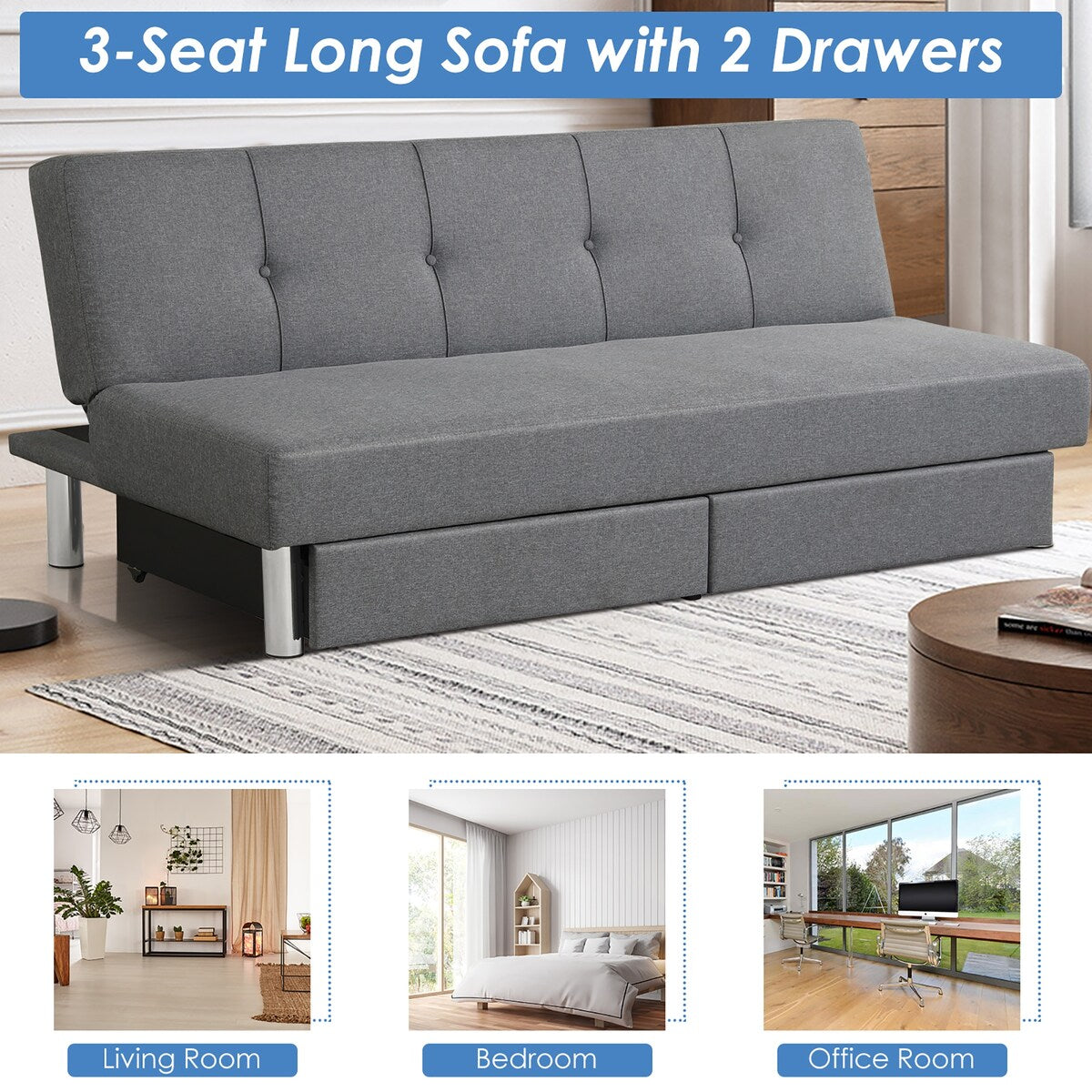 Costway Convertible Futon Sofa Bed Adjustable Couch Sleeper w/ Two - See Details